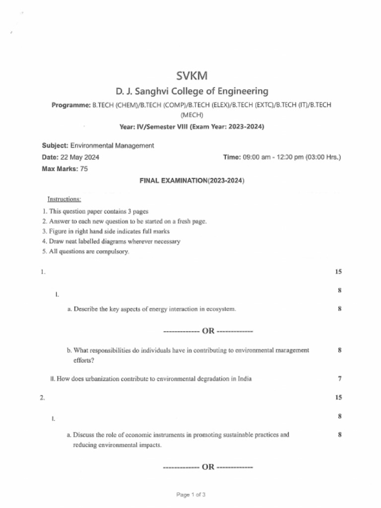 Envoirnmental Management QP CHEM, Comp, Elex, EXTC, IT Mech Sem VIII | PDF