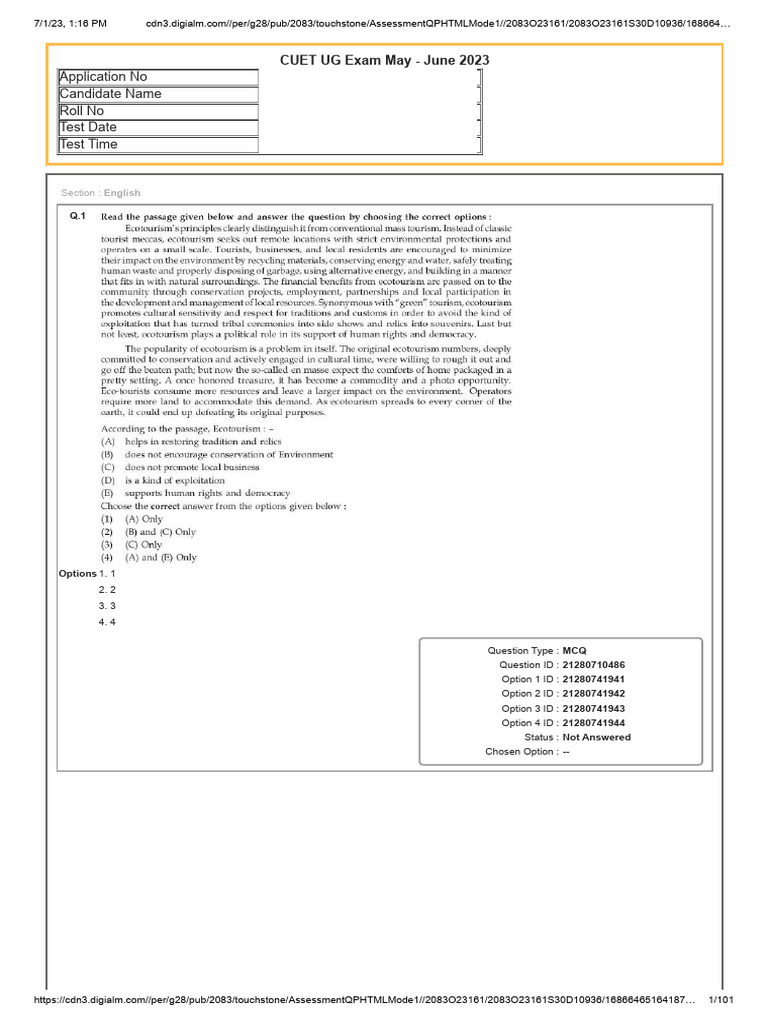 CUET UG Exam 2023 MCQ Assessment | PDF | Multiple Choice | Tests