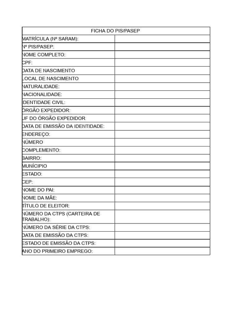 Ficha de Cadastro PIS/PASEP Completa | PDF