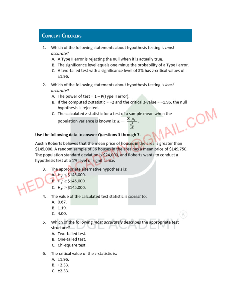 Hypothesis Testing Concept Checkers | PDF | Statistical Significance ...