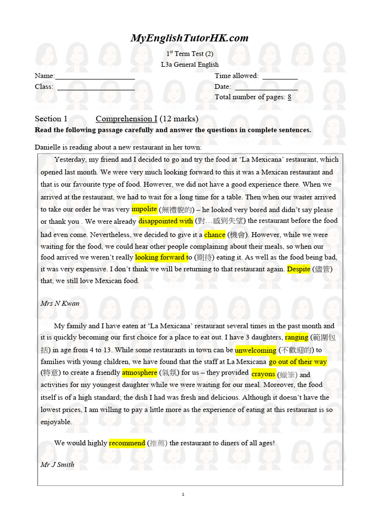 Level 5 Mock Paper 8 第五級模擬試卷2 Answers | PDF | Restaurants | Waiting Staff