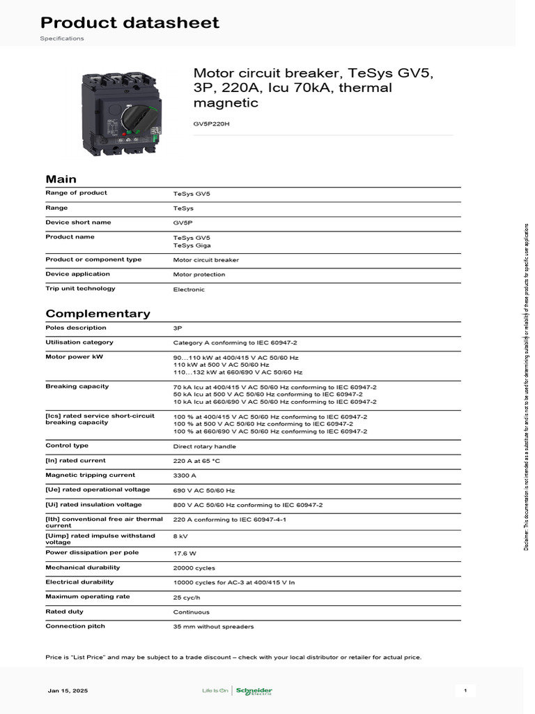Schneider Electric TeSys-GV5-GV6 GV5P220H | PDF | Alternating Current ...
