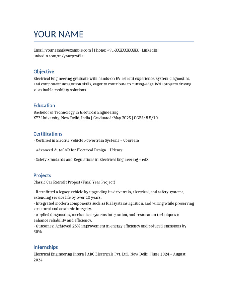 Electrical Engineer Fresher Resume | PDF