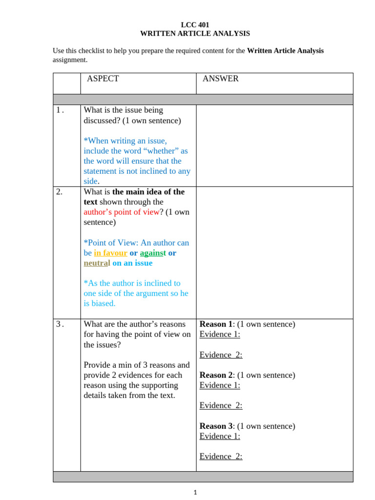 LCC 401 Article Analysis Guide | PDF | Evidence | Argument