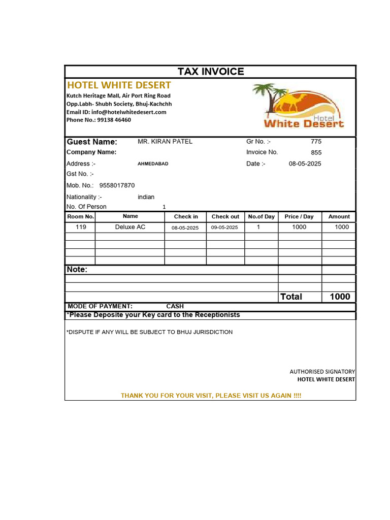 Hotel White Desert Tax Invoice | PDF