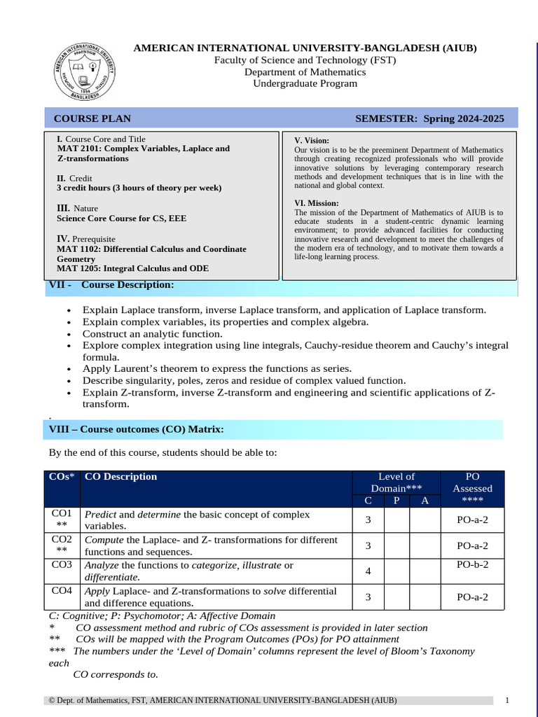 Complex Variables & Transforms Course Plan | PDF | Laplace Transform ...