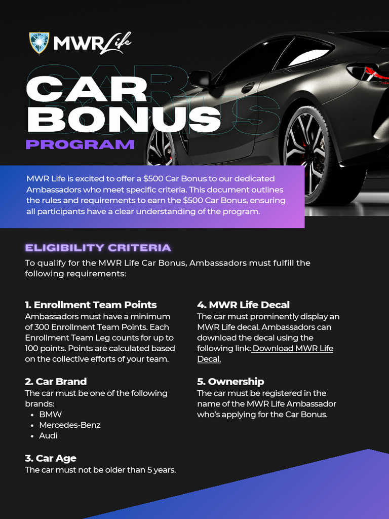 MWR Life $500 Car Bonus Guidelines | PDF