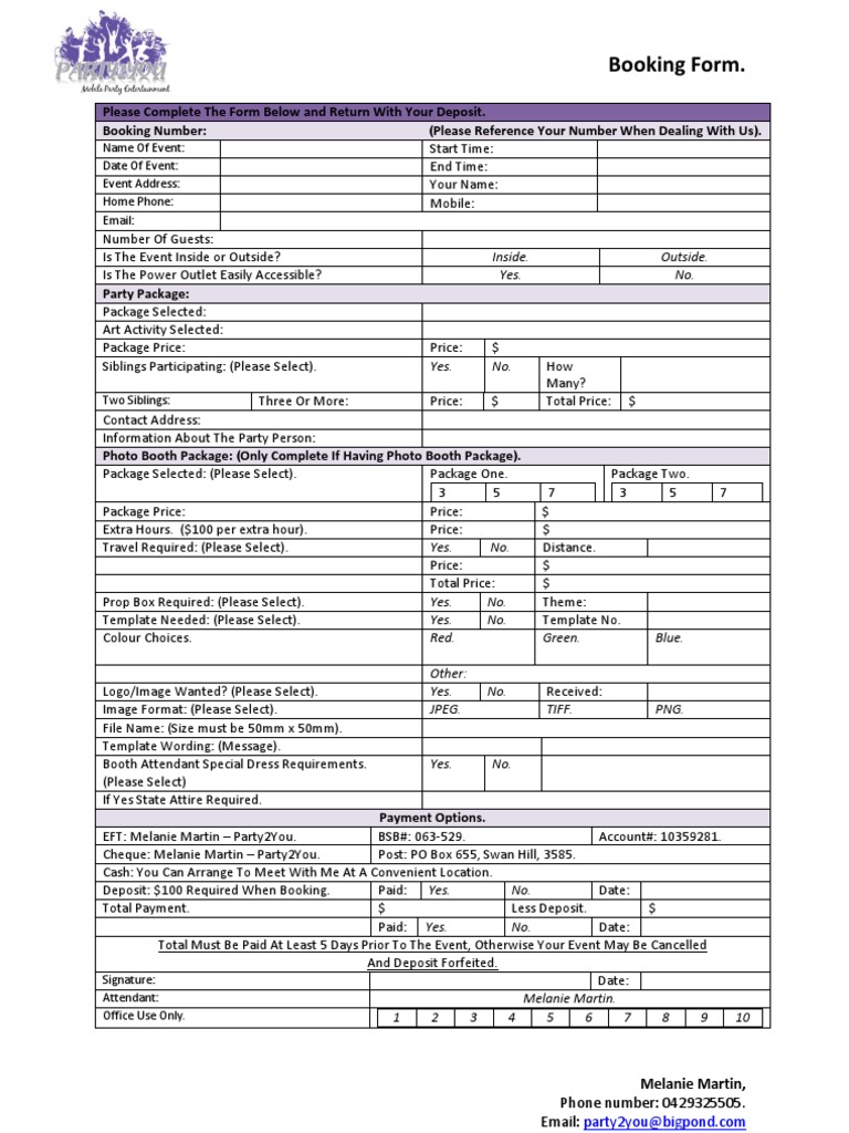 Event Booking Form for Party2You | PDF | Law