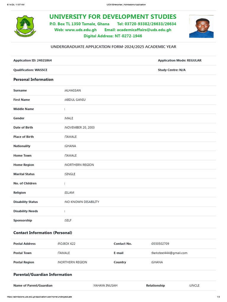 UDS Undergraduate Application Form 2024 | PDF