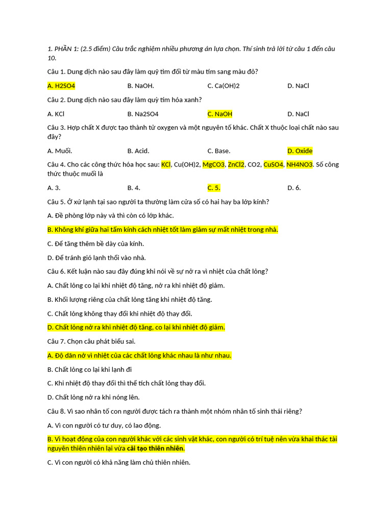 Chữa đề cuối kỳ 2 KHTN 8 | PDF