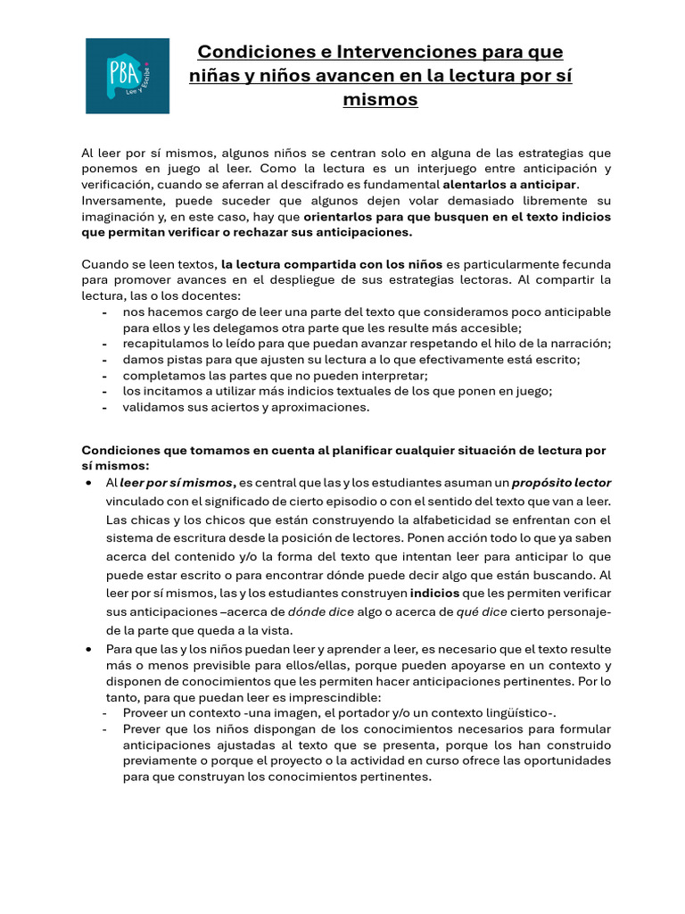 Intervenciones para promover avances en la lectura | PDF