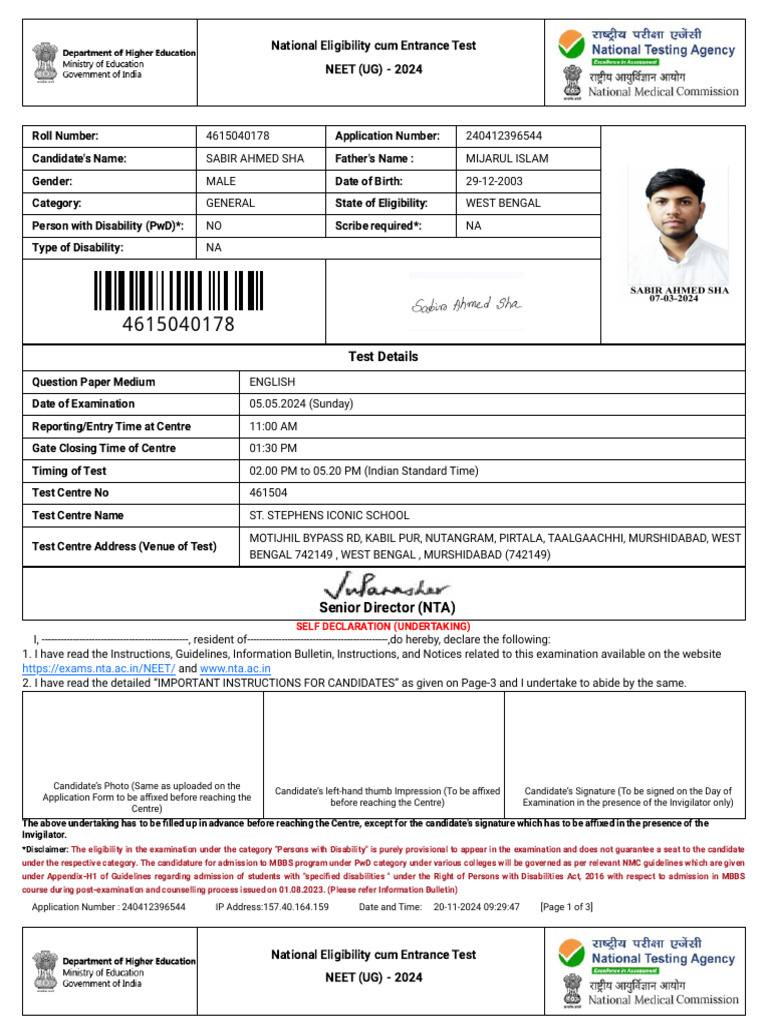 NEET UG 2024 Admit Card Details | PDF | Identity Document