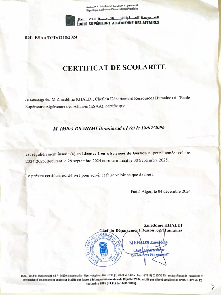 Certificat de Scolarité | PDF