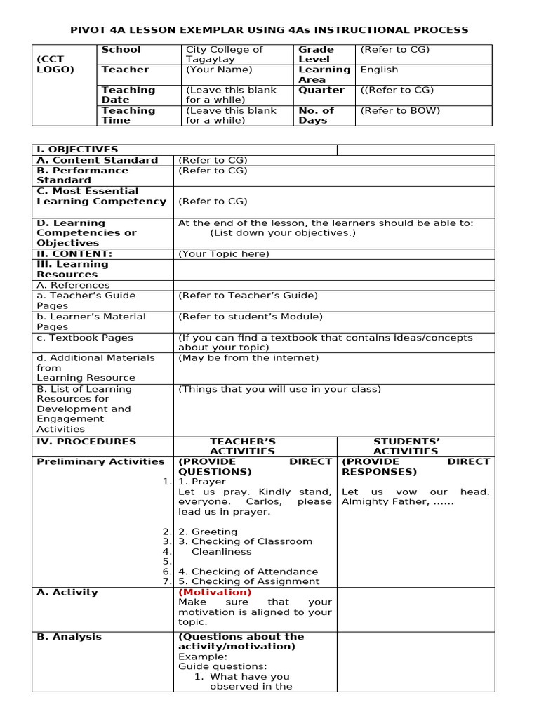 4 As Lesson Plan Final | PDF | Teachers | Learning