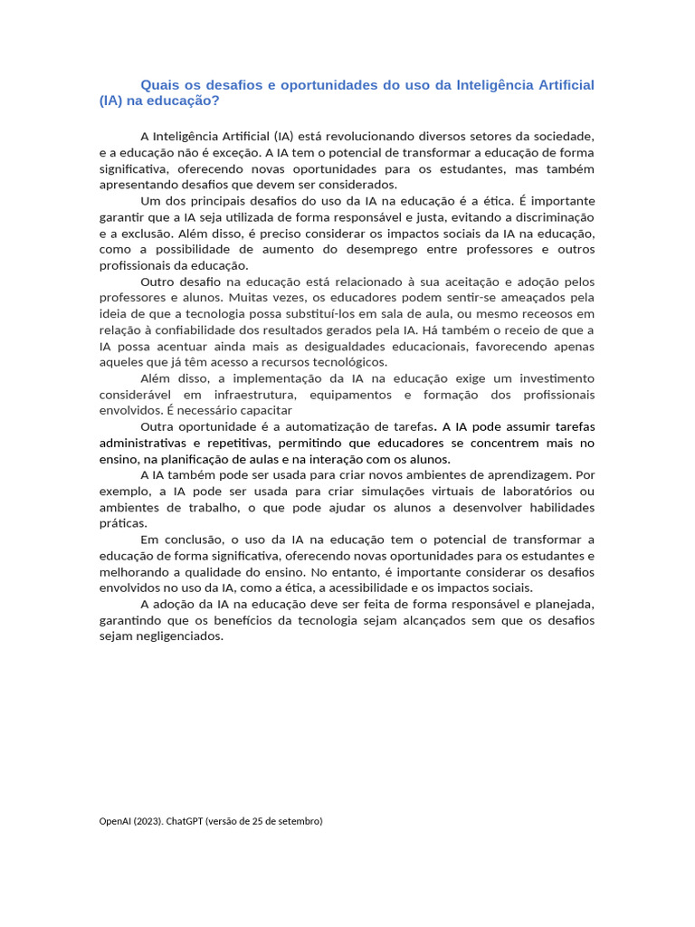 Desafios e Oportunidades da IA na Educação | PDF