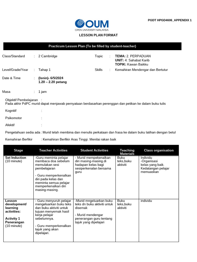 Appendix 1 - PGDTLesson Plan W1 | PDF