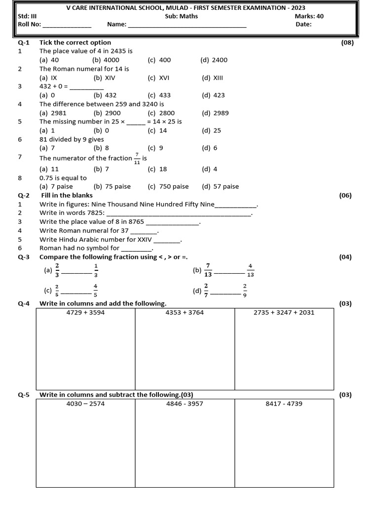 Maths Exam Paper for Std III - 2023 | PDF | Mathematical Notation ...
