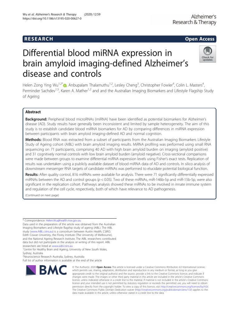 Differential Blood Mirna Expression in Brain Amyloid Imaging-Defined ...