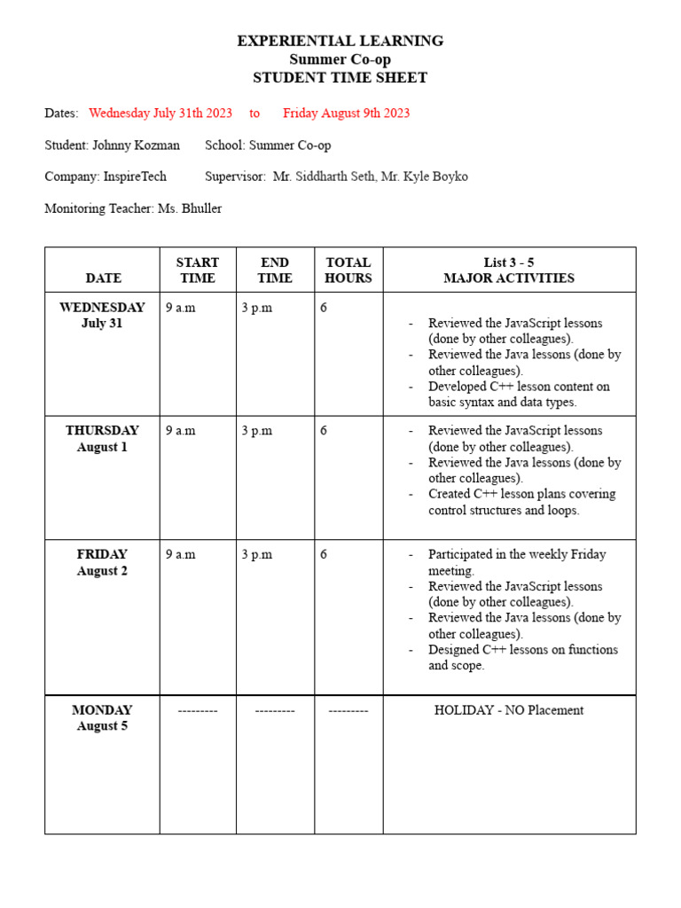 Summer Co-op Time Sheet for C++ Lessons | PDF | C++ | Pointer (Computer ...