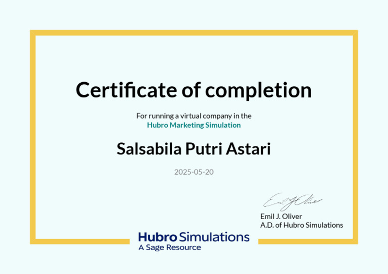 Hubro Marketing Simulation Certificate | PDF