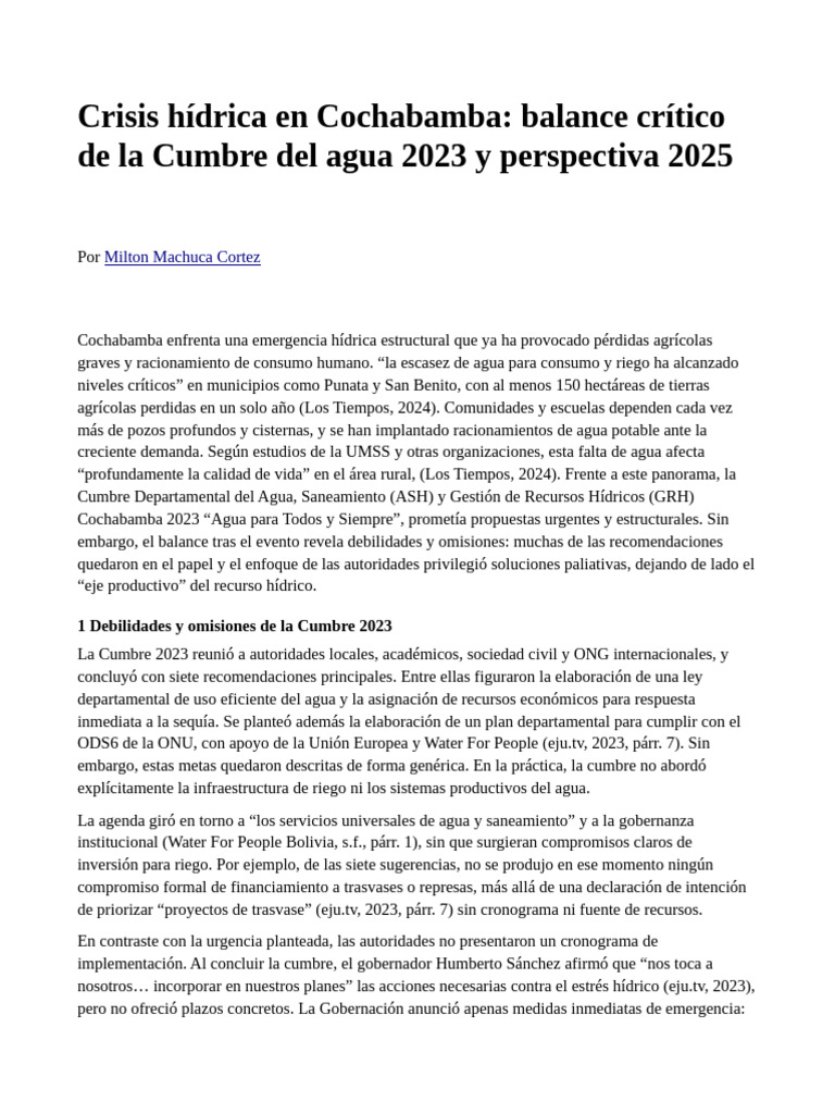Crisis hídrica en Cochabamba 2025 | PDF | Riego | Agua