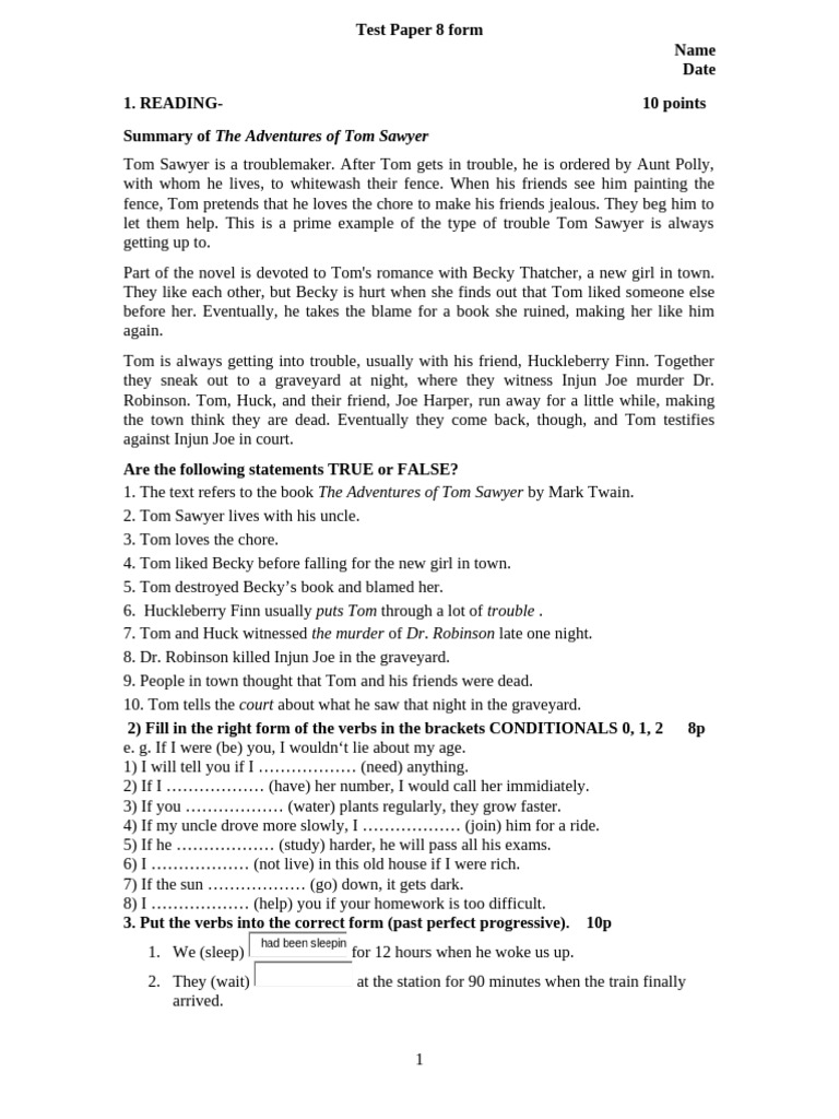 0 Test Initial Clasa Aviii A | PDF | The Adventures Of Tom Sawyer ...