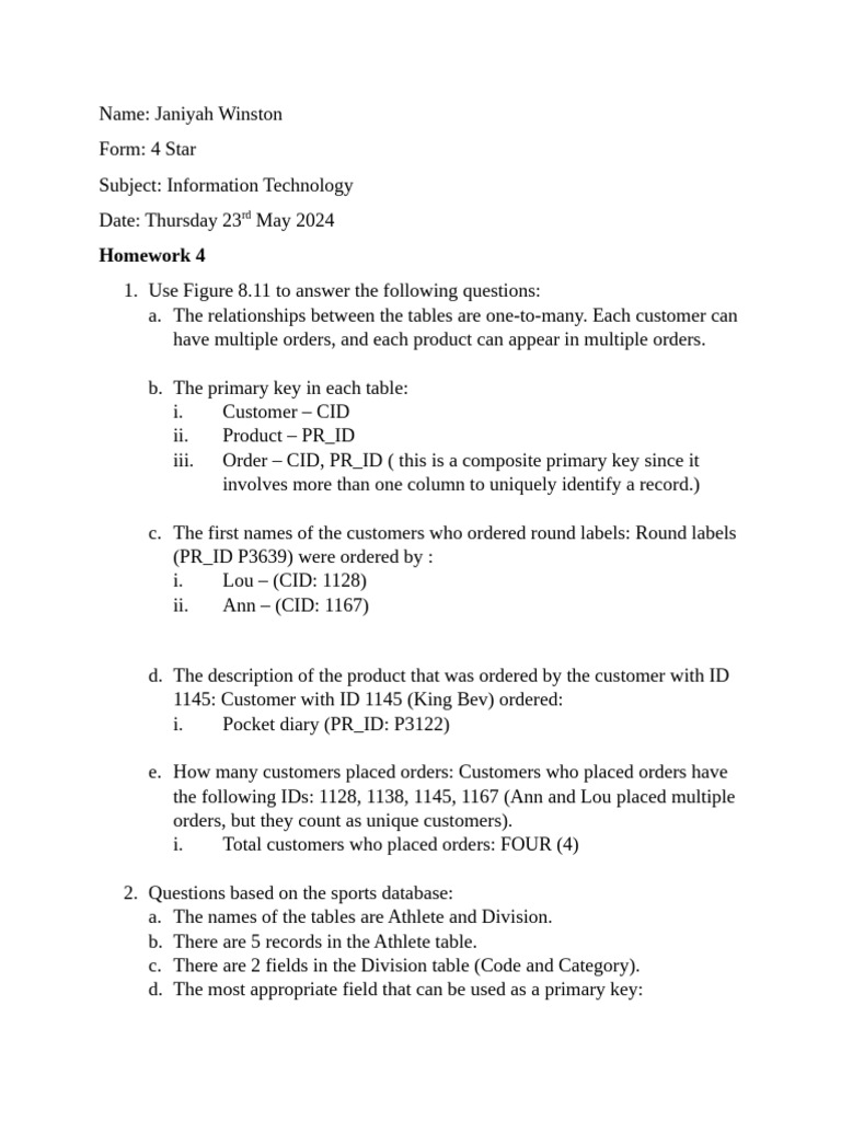 IT Homework: Database Relationships & Keys | PDF