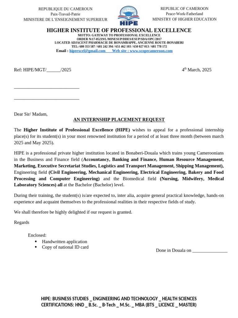 Internship Placement Request from HIPE | PDF | Engineering | Business