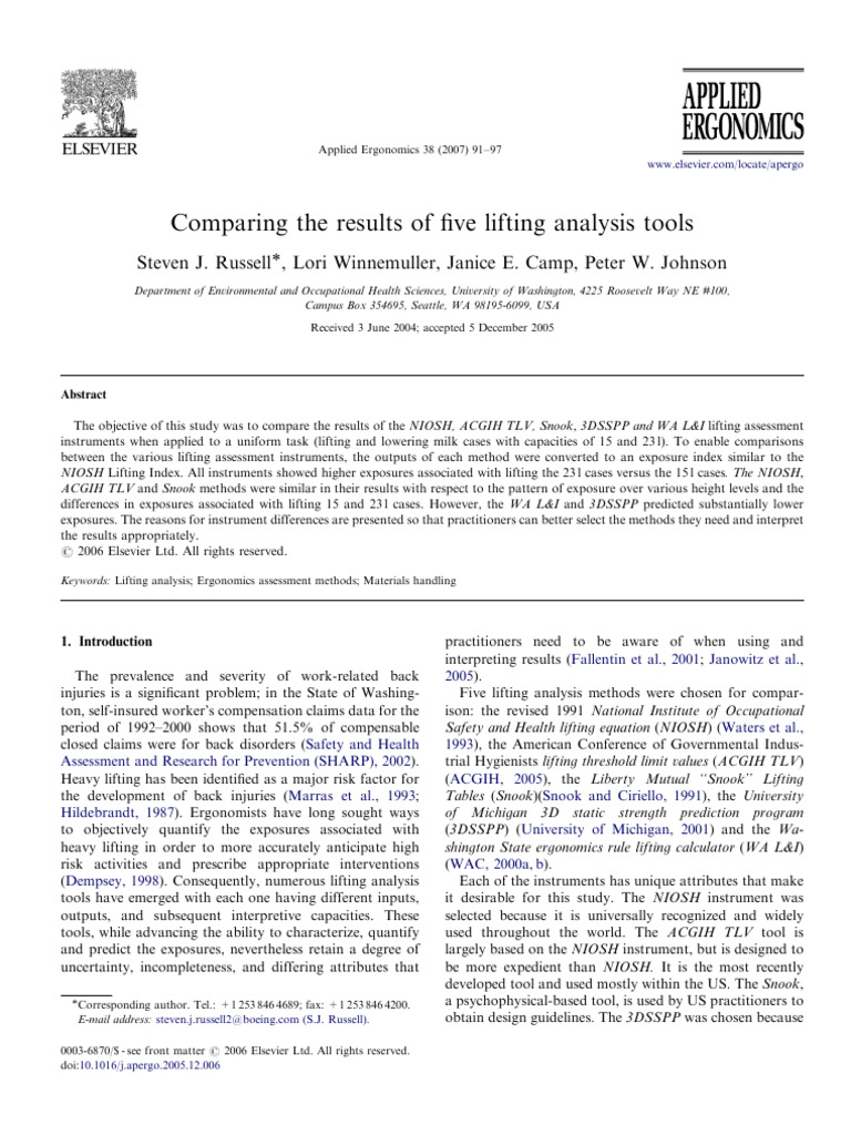 Comparing Lifting Analysis Tools | PDF | Occupational Safety And Health
