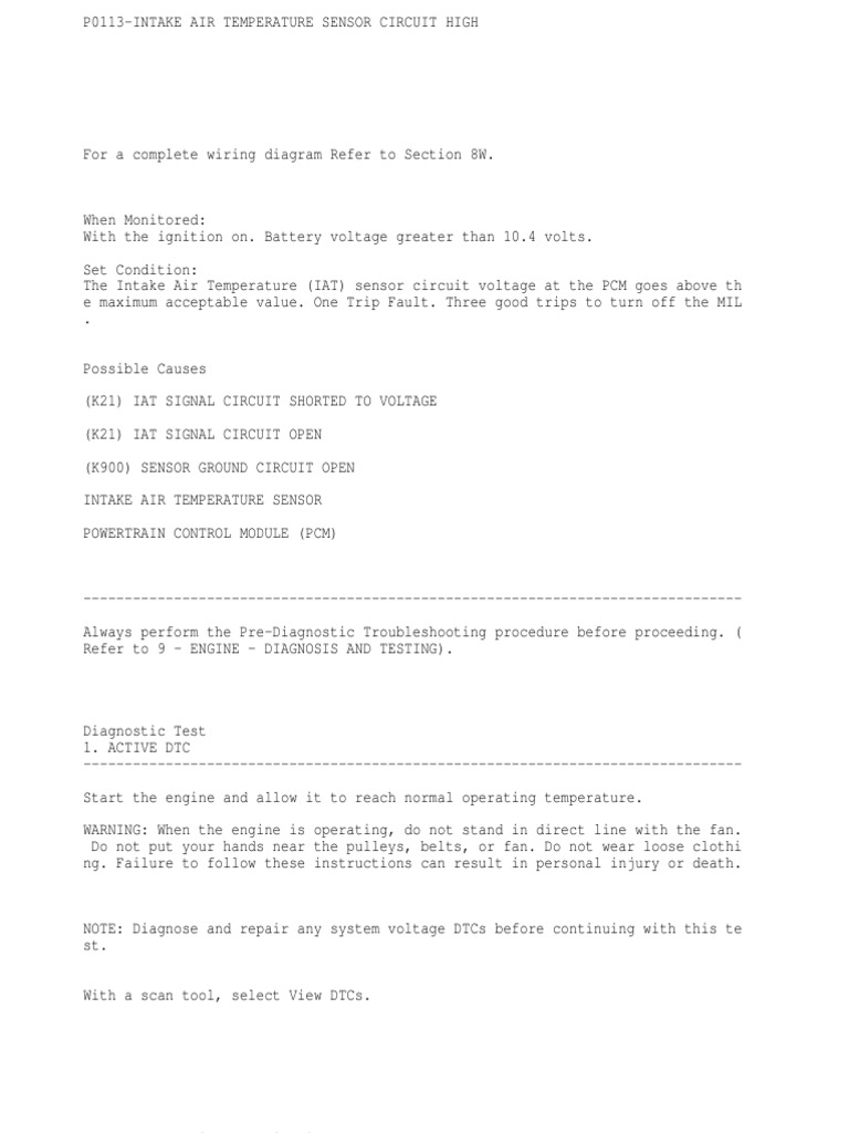 P0113Intake Air Temperature Sensor Circuit High PDF Ignition System Electrical Connector