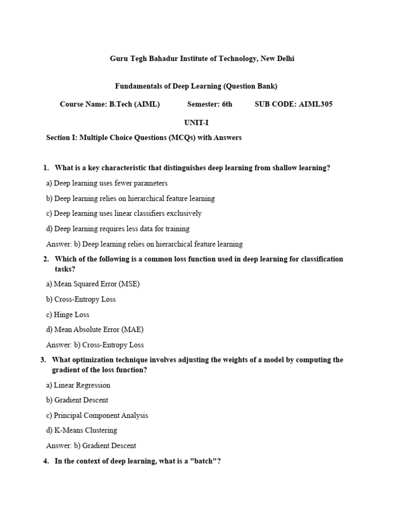 FODL Test Question Bank for AIML | PDF | Deep Learning | Machine Learning