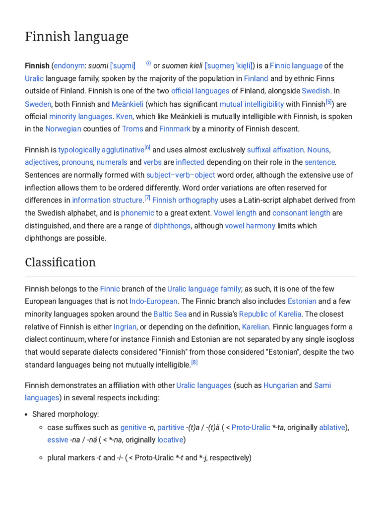 Finnish Language - Wikipedia | PDF | Linguistics | Language Families