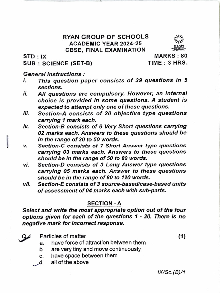 Class 9 Science Final Exam Paper | PDF | Epithelium | Chemistry