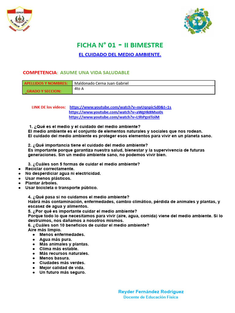 Ficha N 01-El Cuidado Del Medio Ambiente | PDF