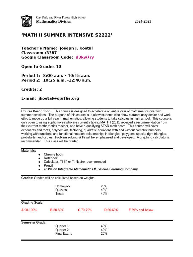 Math II Summer Intensive Course 2024 | PDF | Trigonometric Functions ...