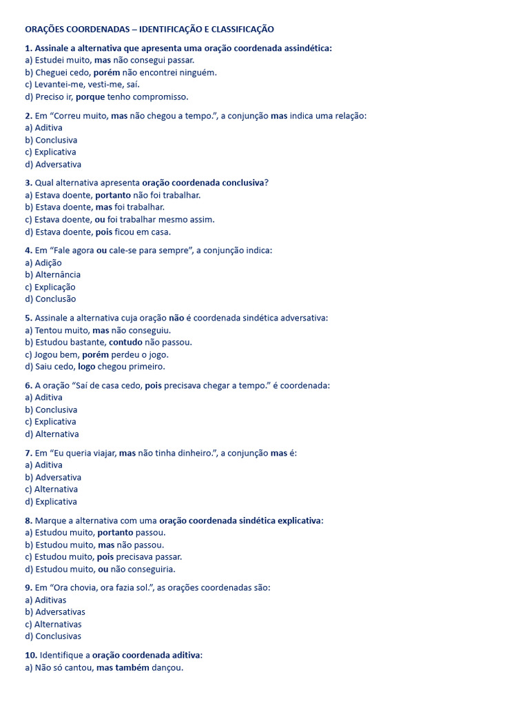 Exercícios sobre Orações Coordenadas | PDF