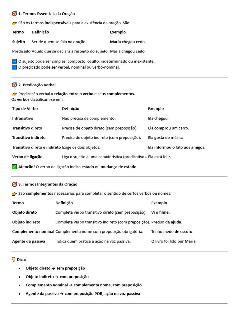 Termos Essenciais, Predicação Verbal e Termos Integrantes (Breve Resumo ...