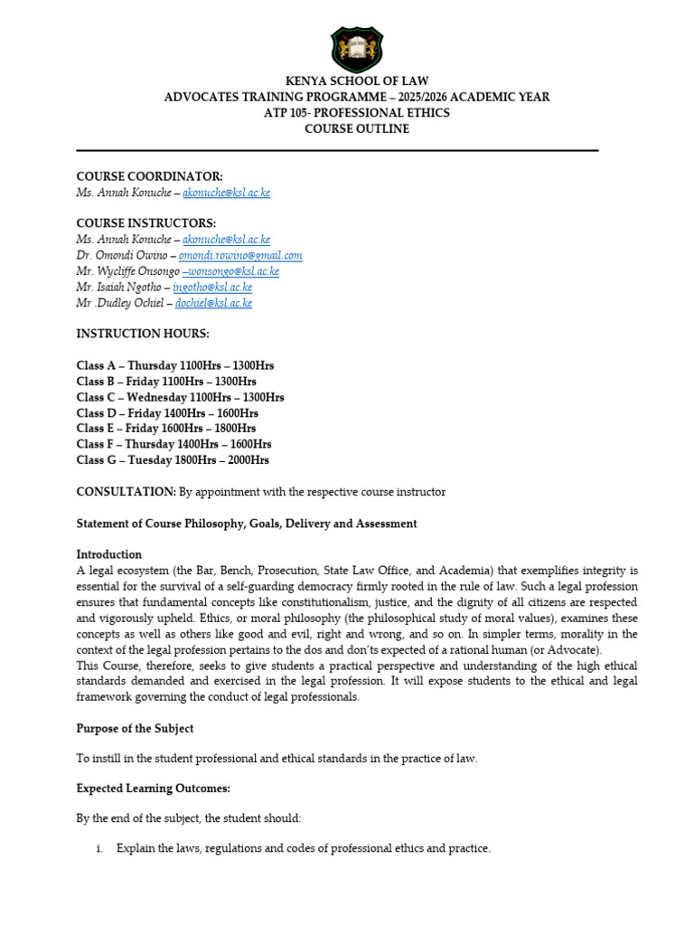 ATP 105: Professional Ethics Course Outline | PDF | Prosecutor | Lawyer