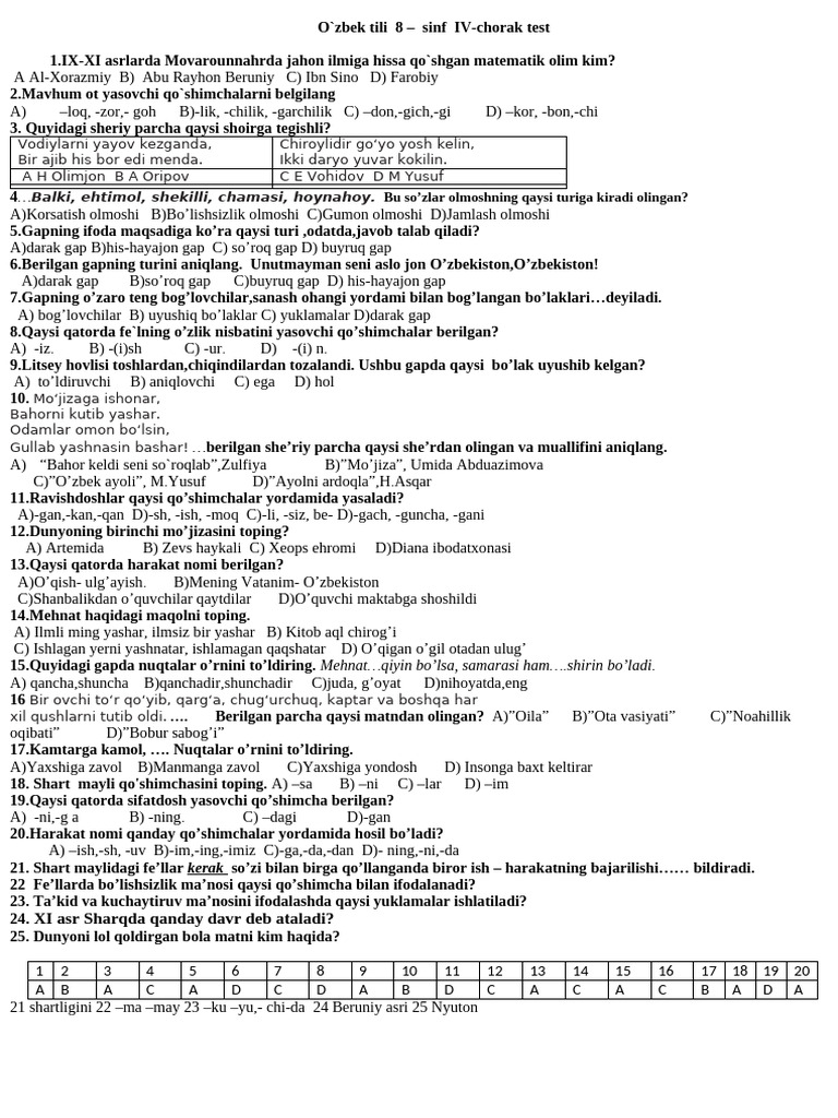 8 Sinf Ozbek Tili 4 Chorak Test | PDF