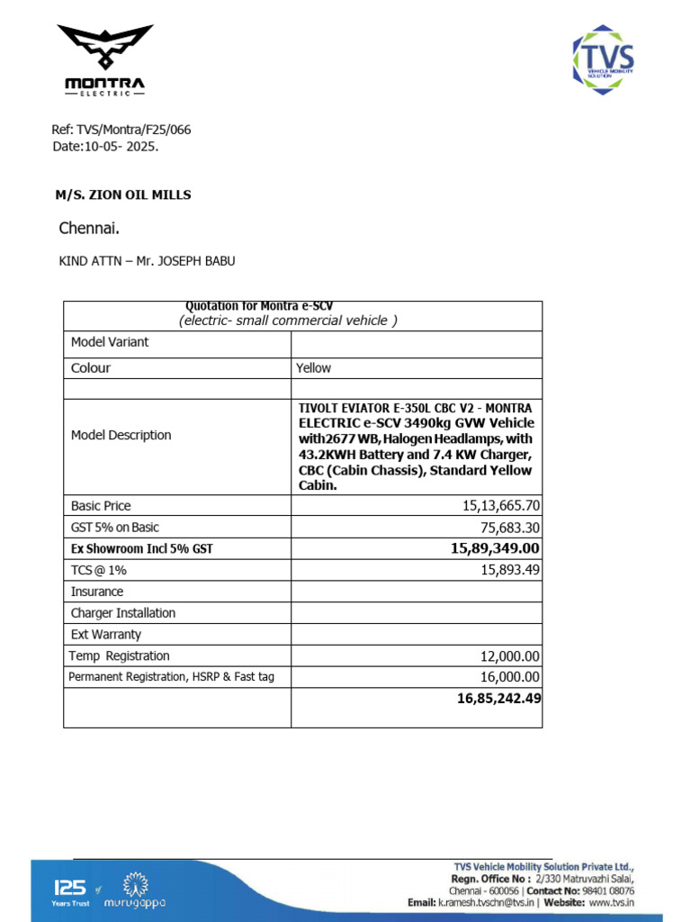 Quotation for Montra e-SCV to Zion Oil Mills | PDF | Motor Vehicle ...