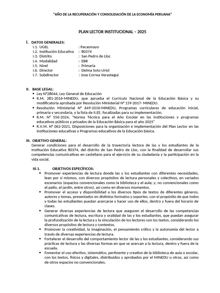 Plan Lector 2025 para Educación Primaria | PDF | Educación primaria ...