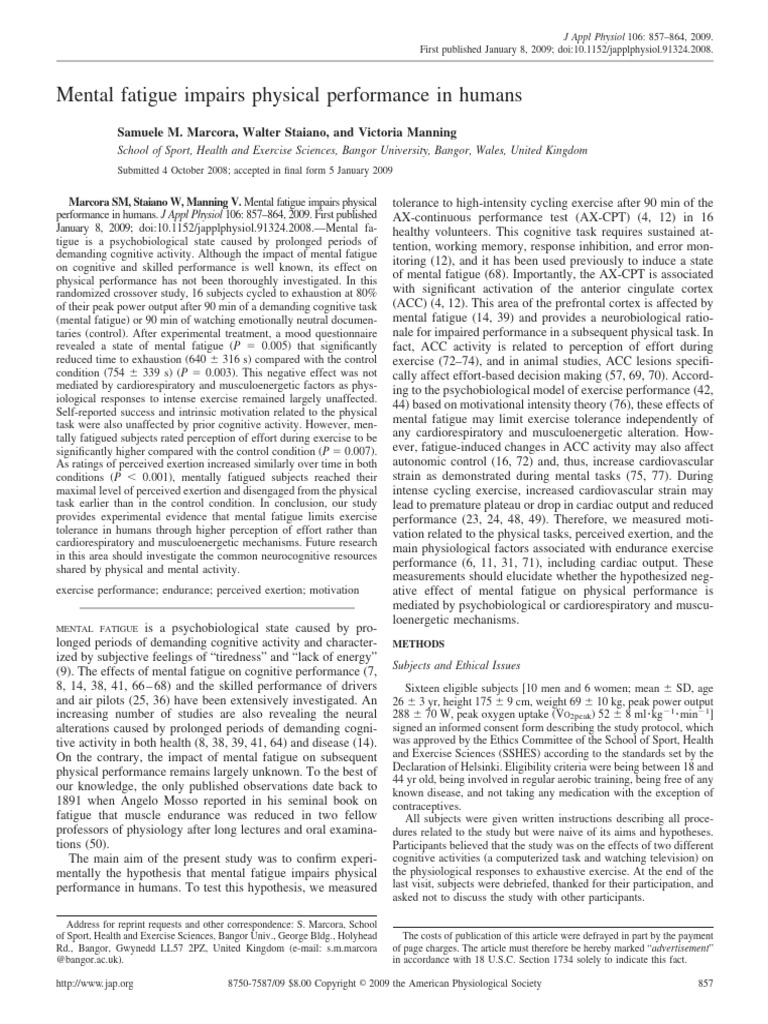 Impact of Mental Fatigue on Exercise | PDF | Blood Pressure | Physiology