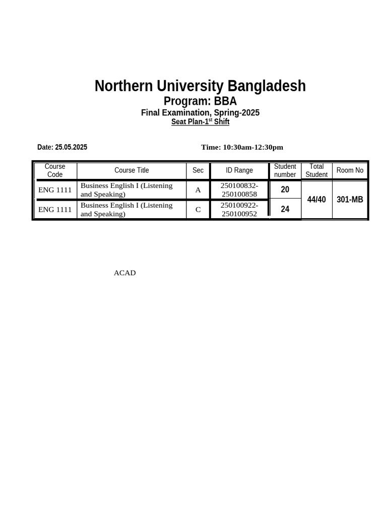 BBA Spring 2025 Exam Seat Plan | PDF