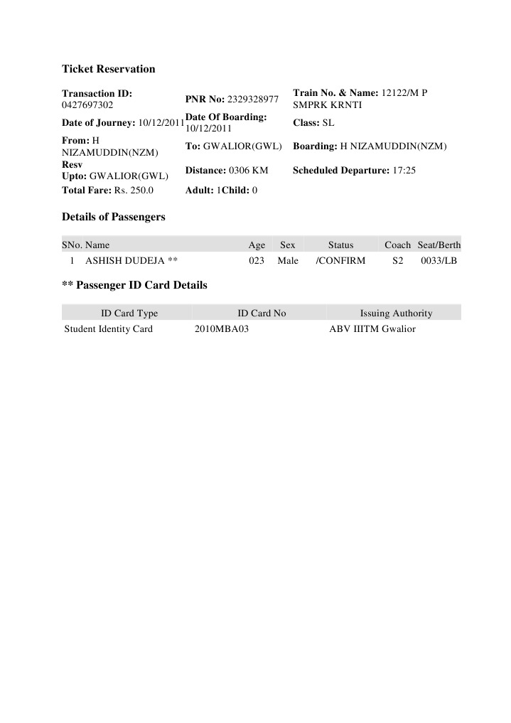 Train Ticket Reservation Details | PDF