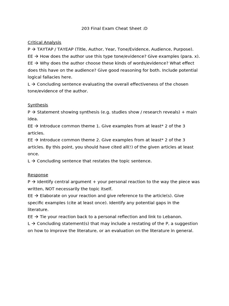 203 Final Exam Critical Analysis Guide | PDF