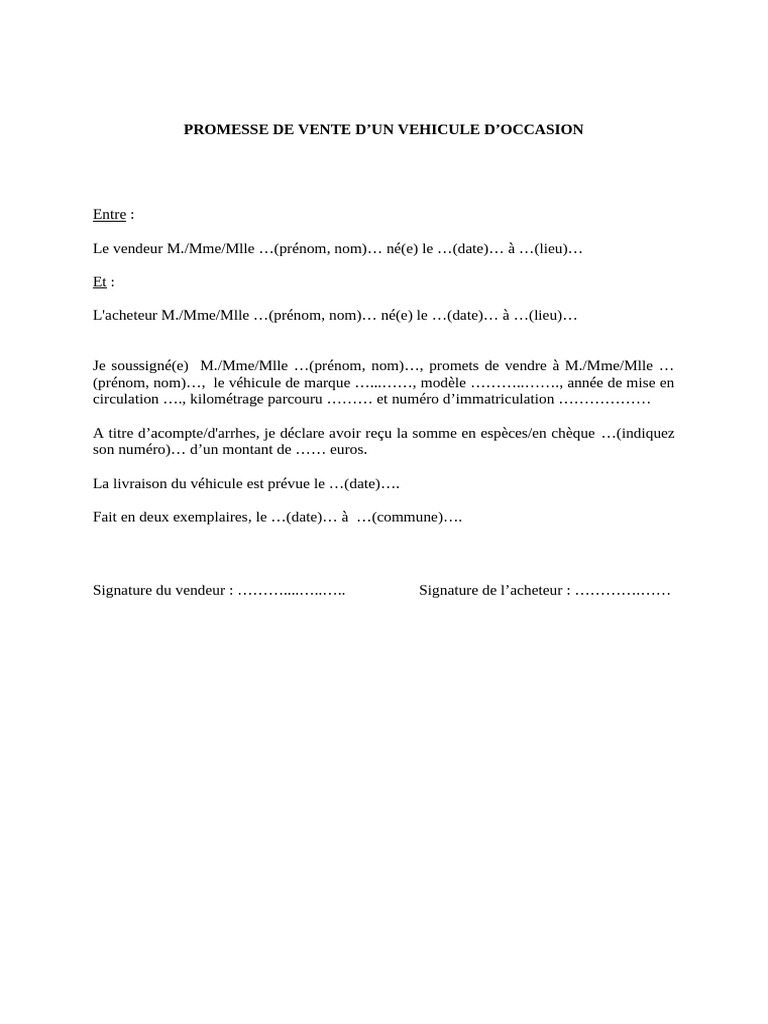 Promesse Vente Vehicule Occasion Pdf