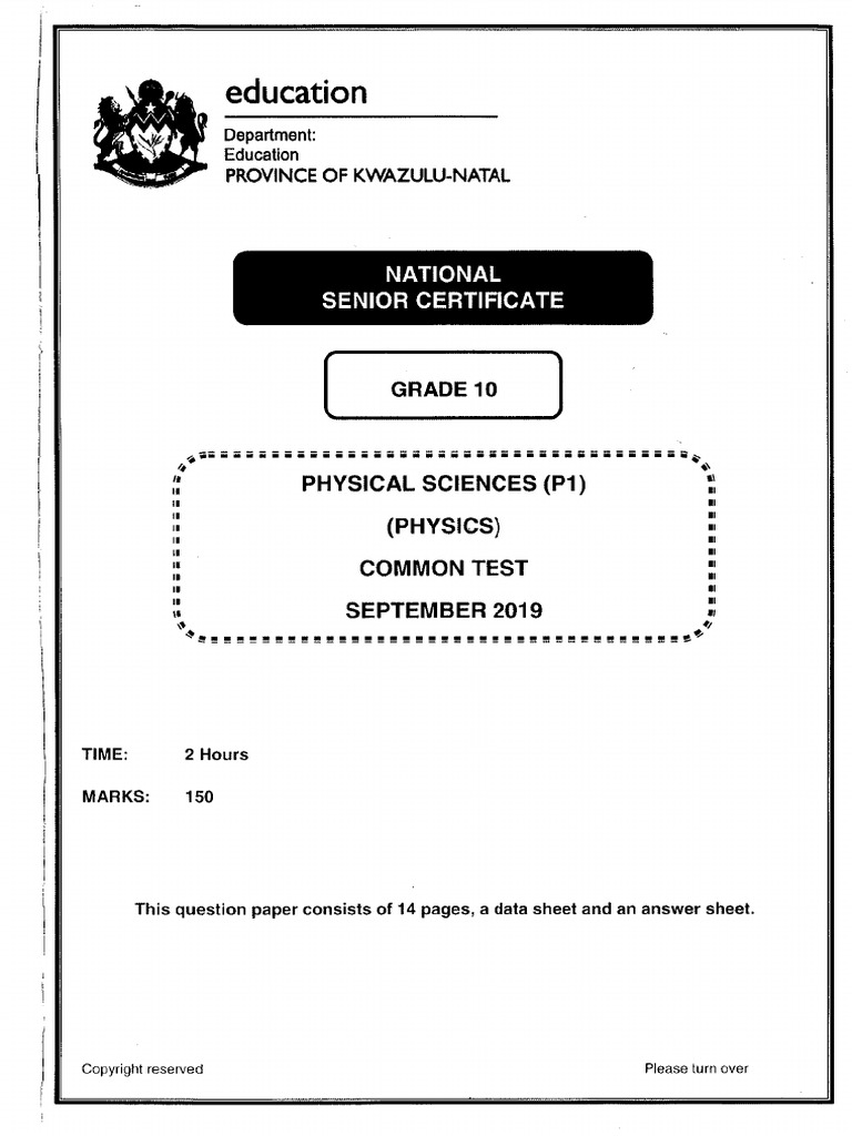 PHY Sep 2019 P1 Grade 10 QP | PDF
