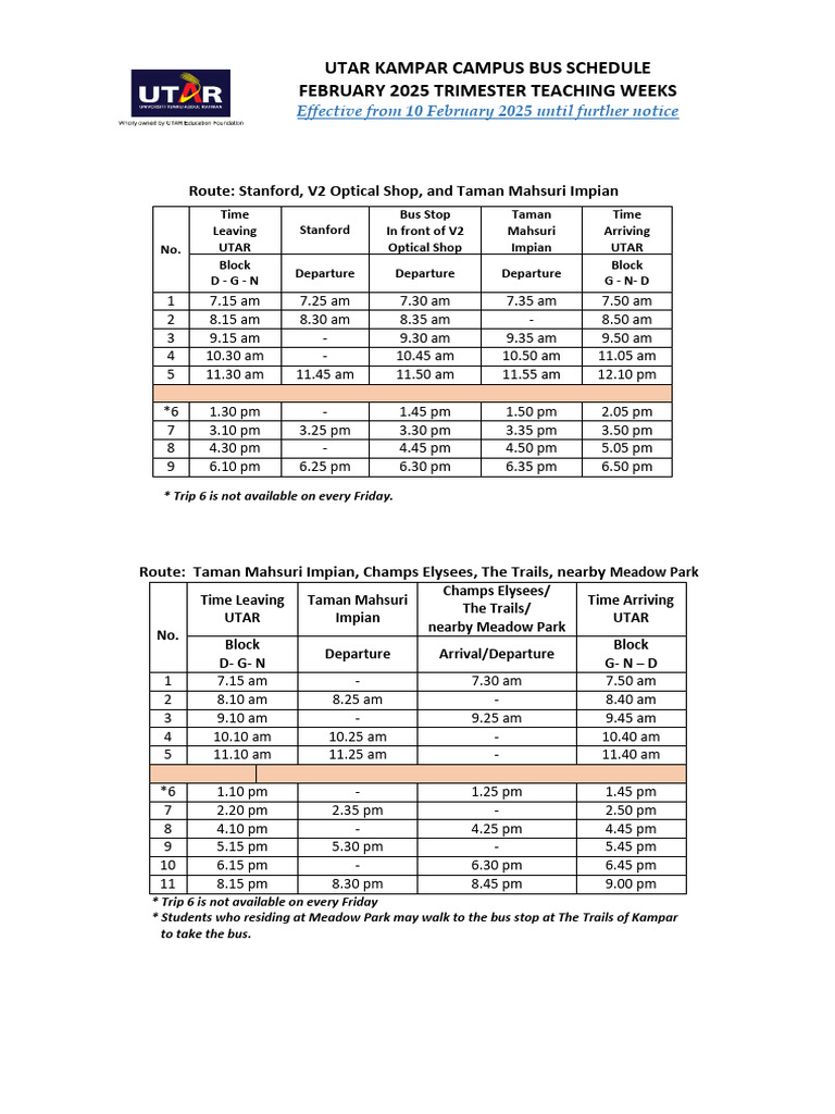 UTAR Kampar Bus Schedule 2025 | PDF | Motor Vehicle | Wheeled Vehicles