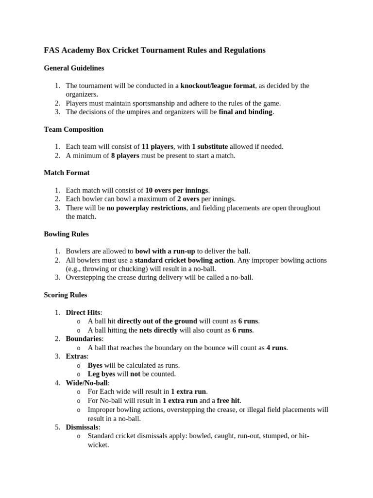 FAS Academy Box Cricket Tournament Rules and Regulations Updated | PDF ...