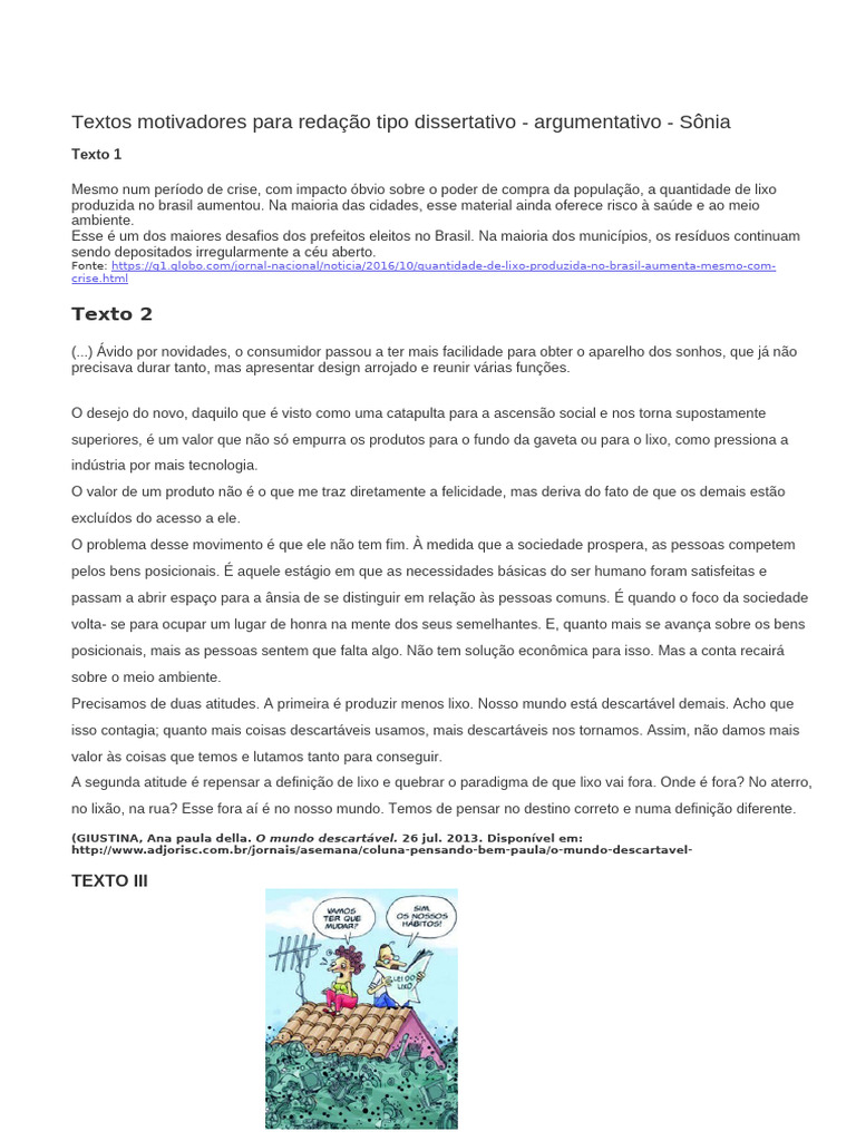 Textos Motivadores para Redação Tipo Dissertativo | PDF | Desperdício ...
